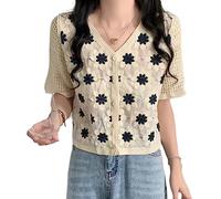 ZYKEJJDDAK Kurzärmeliger Damen-Cardigan, V-Ausschnitt, Boleros, Pullover, Kleidung, kurzärmelig, leicht, für Damen, bauchfreie Tops und Blusen, Knopfleiste, blau, One size