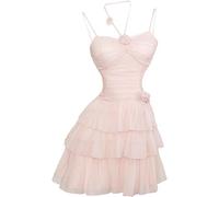 ZYSWCHB Elegantes süßes rosa Neckholder-Kleid, lässiges gerafftes Design, kurzes Y2k-Partykleid, schlankes 2-teiliges Kleiderset (Color : Only Mini Dress, Size : S)