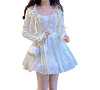 ZYSWCHB Kawaii Sweet Party Minikleid Damen Floral A-Linie Lässiges Feenkleid Prinzessin Trägerkleid (Color : Only White Dress, Size : S)