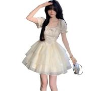 ZYSWCHB Puffärmel Französisch Vintage Minikleider Schleife Kawaii Süßes Kleid Lace-Up Vintage Y2k Prinzessinnenkleid (Color : Blue Dress, Size : S)