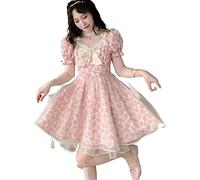 ZYSWCHB Spitze Lolita Print Kleid Frauen Französisch Y2K Süße Party Mini Kleider Rosa Schleife Sommer Floral Kawaii Kleid (Color : Pink, Size : S)