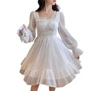 ZYSWCHB White Kawaii Dress Women Chiffon Lolita Style Long Sleeve Mini Dresses Bow Fairy Ruffles Patchwork (Color : White, Size : L)