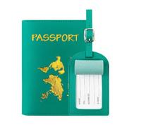 ZZTWER Reisepasshülle aus PU-Leder mit goldgeprägter Karte, Gepäckanhänger-Set, Leder-Reisepasshülle, schmale Reisebrieftasche Reisepasshüllen(Groen)