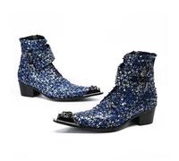 ZZveZZ Herbst Und Winter Herren Rot Blau Gelb Weiß Silber Atmungsaktive Kurze Stiefel Metall Spitz Erhöhter Reißverschluss Lederschuhe (Color : Blue, Size : 44 EU)