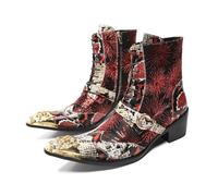 ZZveZZ Herren Herbst Und Winter Blau Rot Beige Metall Spitze Erhöhte Kurze Stiefel Handgefertigte Lederschuhe (Color : Red, Size : 44 EU)
