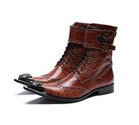 ZZveZZ Männer Schwarz Brauner Herbst Metallspitze Zehenstiefel Anti-Schlupf-Schnürfaller Reißverschluss Lederschuhe (Color : Brown, Size : 44 EU)